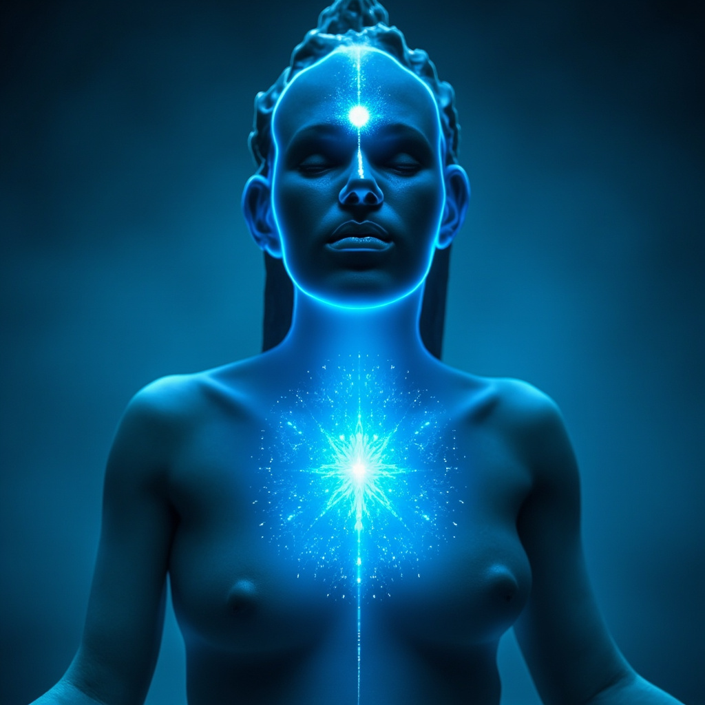 Serene yogi in lion pose with throat chakra glowing blue, energy waves resonating around neck and larynx, peaceful expression, soft lighting