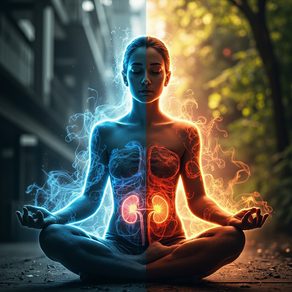 Serene yogi in restorative pose, glowing adrenal glands on kidney silhouette, soft blue healing frequencies waves calming chaotic red stress auras, split background anxious city to peaceful nature.