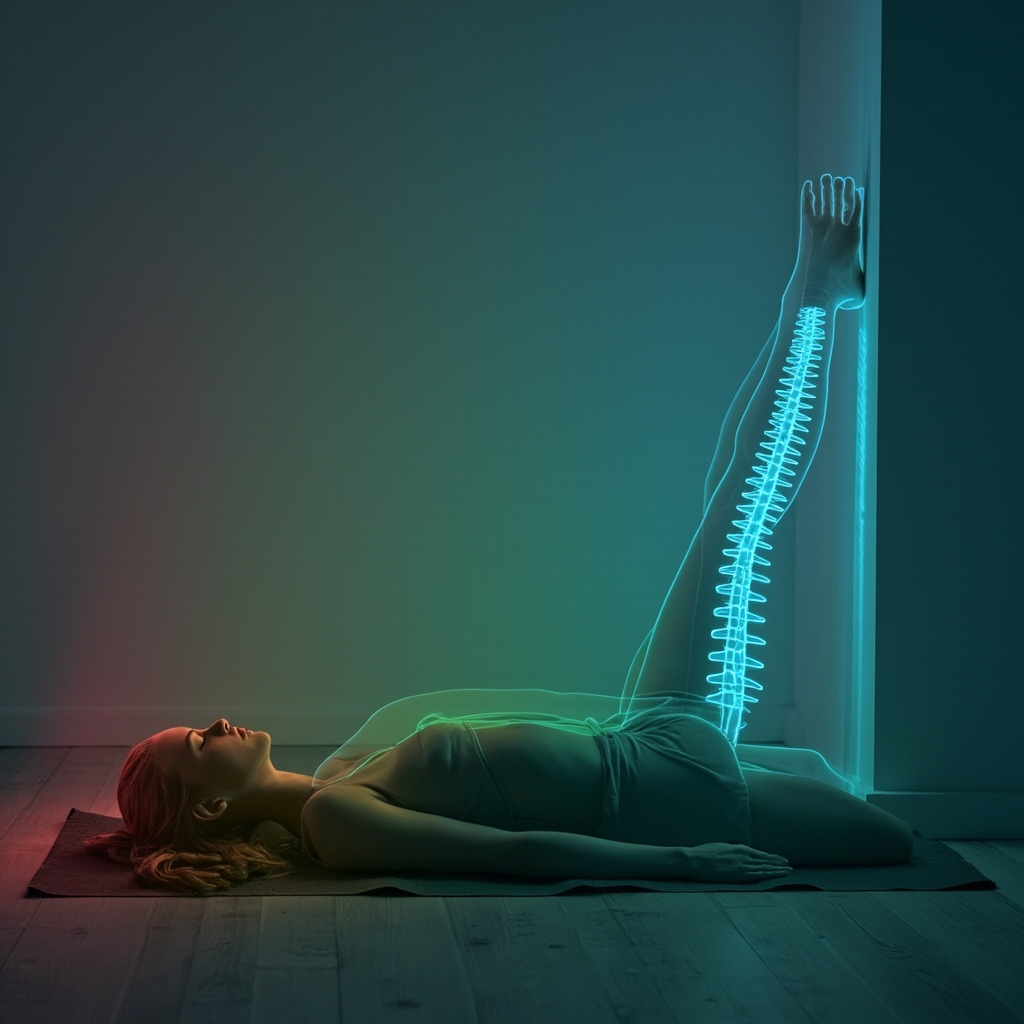 Serene yogi in restorative pose like legs-up-the-wall, with subtle glowing blue sympathetic nerve chain along spine calming from red alert to peaceful green, soft lighting, anatomical overlay minimalist.