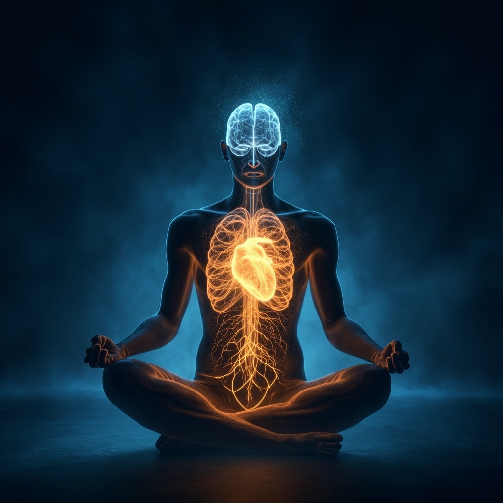 Serene human silhouette with glowing brain, heart, and neural pathways connected by golden energy waves, in a yoga meditation pose against a calm blue background.