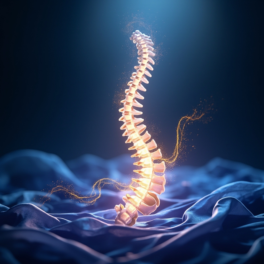 A serene, abstract digital art piece showing a glowing, healthy lumbar spine surrounded by soft, harmonious light waves and gentle bio-electrical patterns.