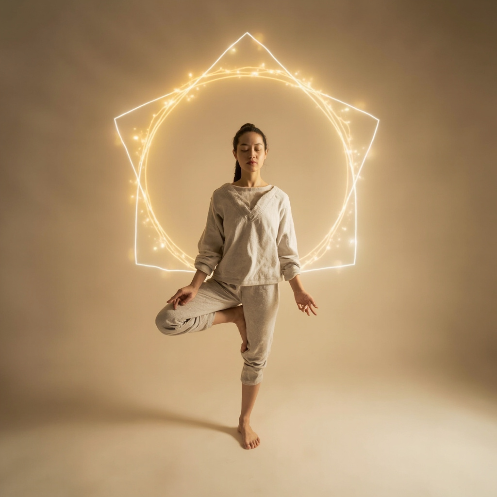 A serene, minimalist image of a person in a balanced yoga pose (like Mountain Pose) with soft, geometric light patterns surrounding them to symbolize internal order and clarity.