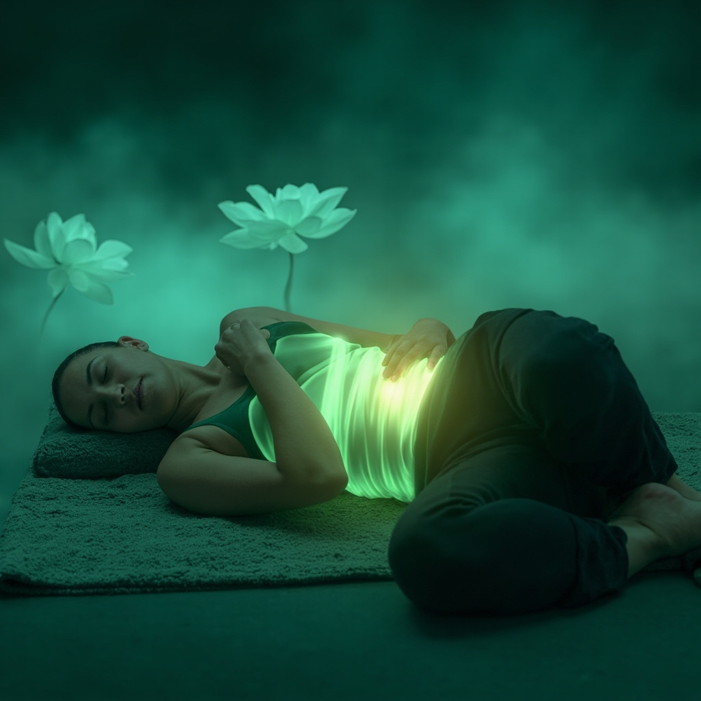 Serene yogi in supine spinal twist pose on a soft mat, gentle hand on glowing green abdomen symbolizing gut healing, calming blue-green background with subtle lotus flowers, peaceful expression