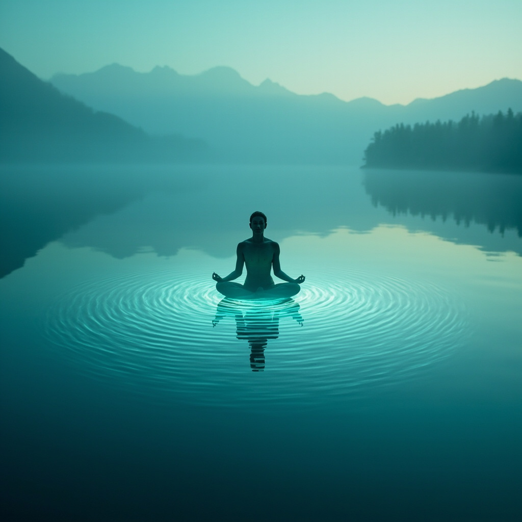 Serene yogi in lotus pose on a calm lake at dawn, with glowing heart waves symbolizing balanced HRV and emotional harmony, soft blue and green tones.