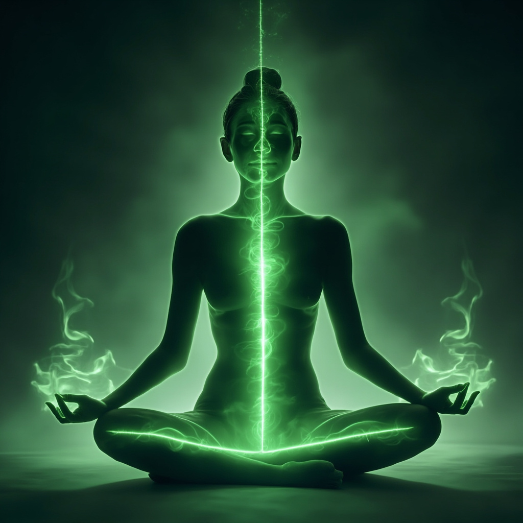 Serene yogi in seated spinal twist pose, glowing green Liver meridian pathway from big toe up leg to head, soft energy waves symbolizing smooth Qi flow and emotional release from anger