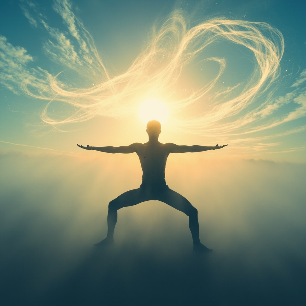 Serene yogi in Warrior II pose at dawn, with subtle swirling emotional waves calming into smooth lines, in soft blues and golds, symbolizing mood stability.