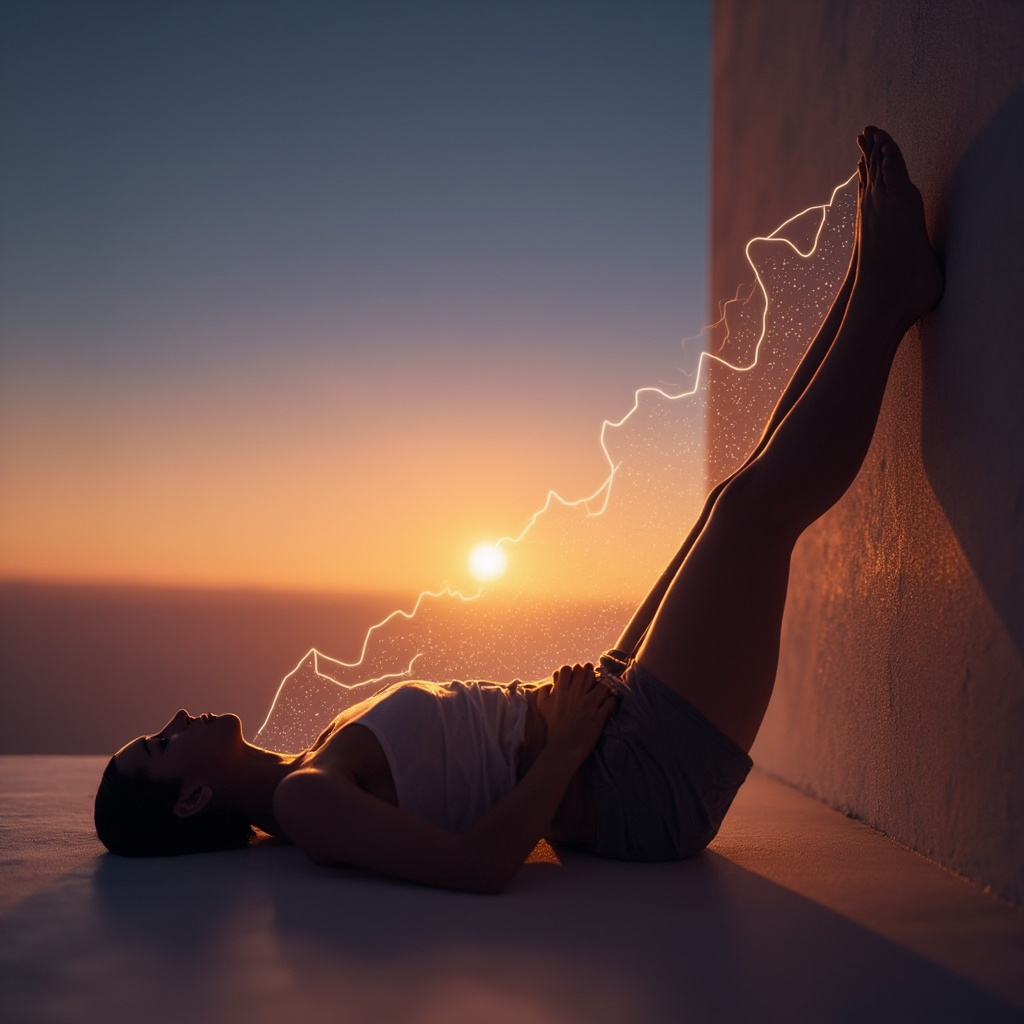 Yogi in legs-up-the-wall pose against a serene sunset sky, with faint glowing heartbeat waves calming from chaotic to smooth, symbolizing stress reduction and heart balance