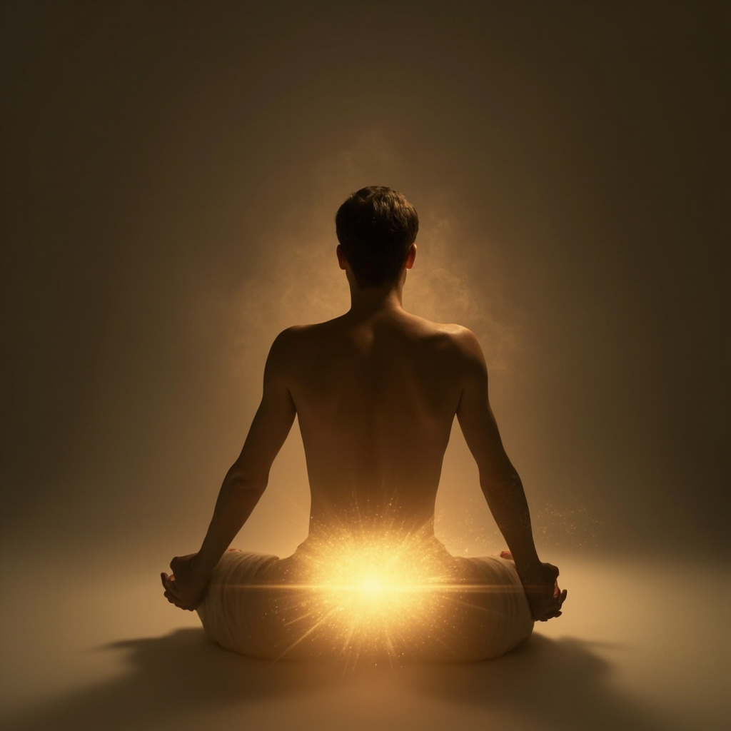 A serene, cinematic image of a man in a meditative yoga pose, with a soft golden glow emanating from the lower back and pelvic region, symbolizing energy flow and vitality, minimalist background.