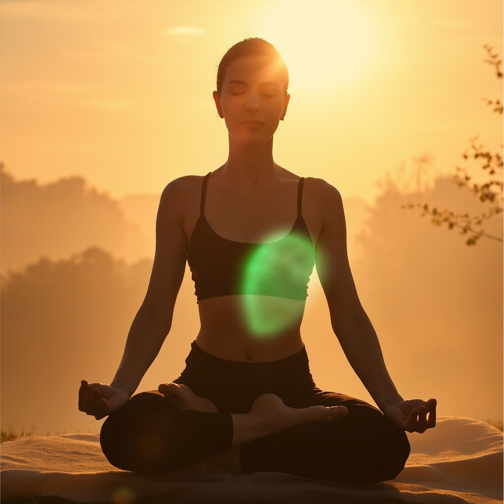 Serene yogi in Warrior II pose with left leg forward, soft blue glow around left arm and leg symbolizing emotional nurture and physical strength, minimalist background with subtle energy lines.