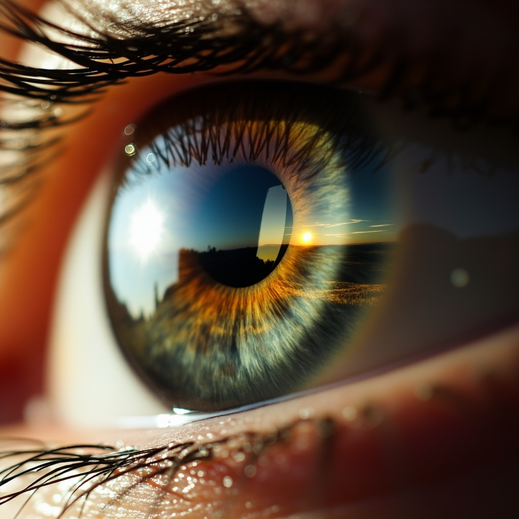 A serene, artistic close-up of a human eye reflecting a soft, natural landscape, symbolizing clarity, focus, and the connection between inner vision and the outer world.