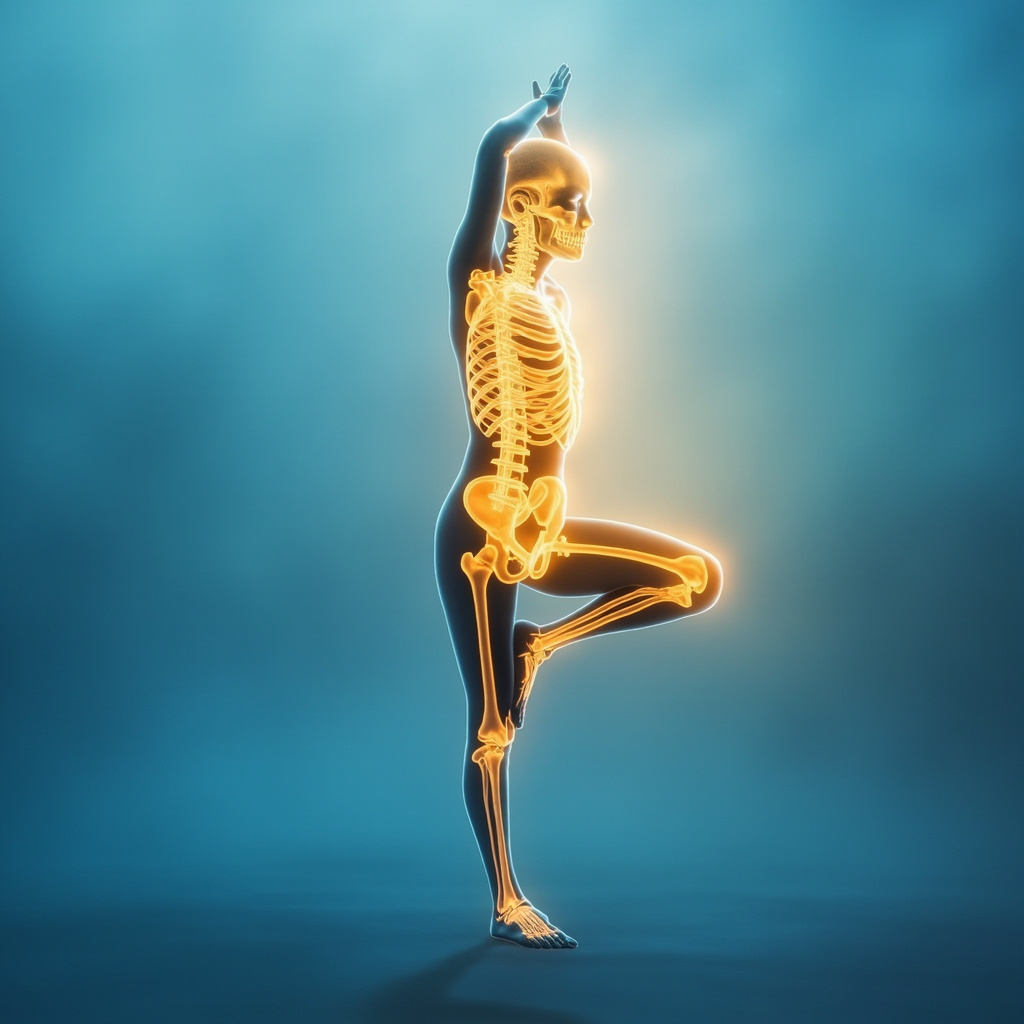 Human silhouette in yoga warrior pose, glowing golden energy outlining right side bones (femur, humerus, ribs), soft blue background symbolizing calm strength and emotional balance