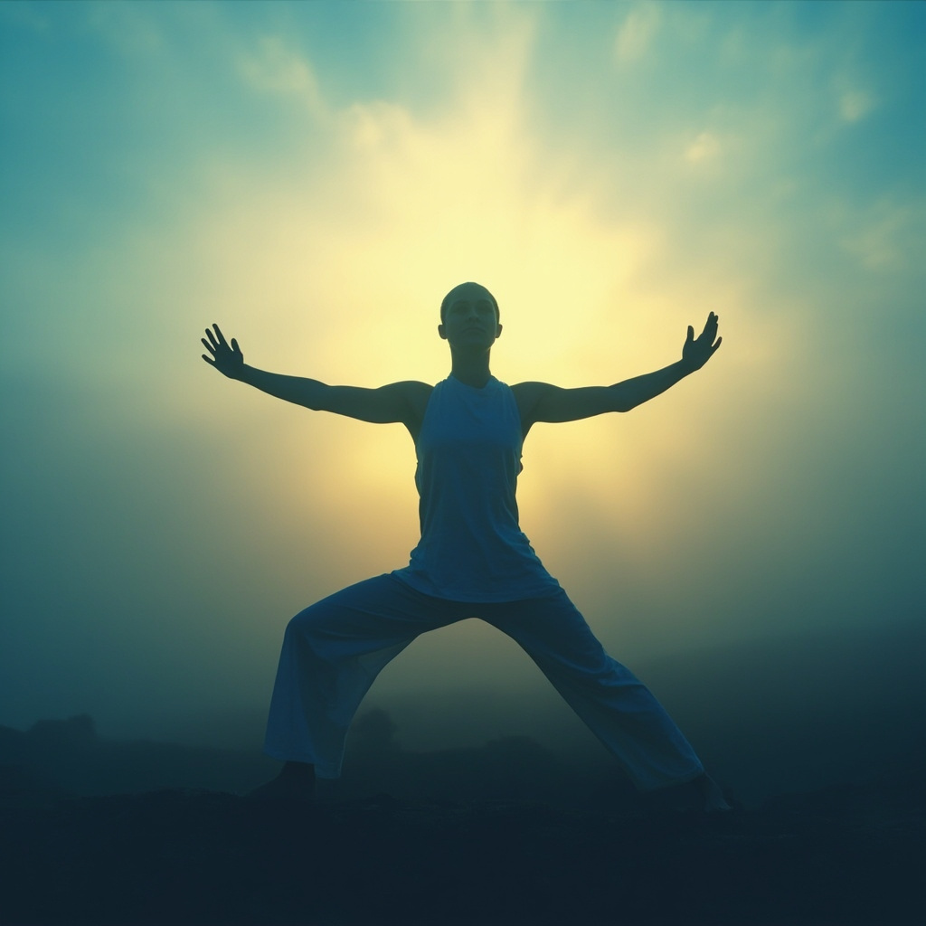 Serene yogi in Warrior II pose at dawn, with subtle glowing energy waves around the heart and body, symbolizing balanced sympathetic activity and vital flow, in soft blue and gold tones.