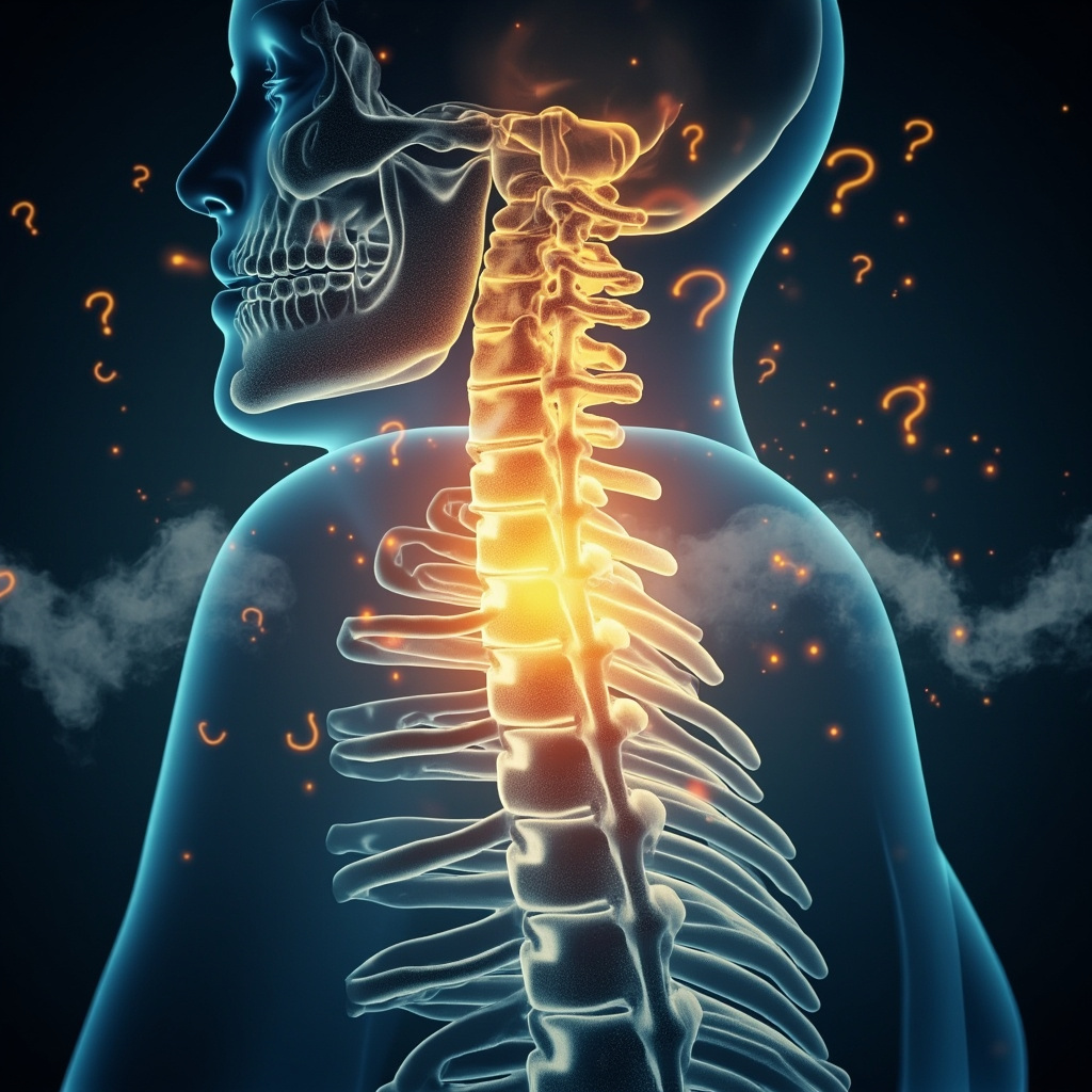 Anatomical view of human spine highlighting T3 vertebra in upper thoracic area with glowing energy waves, surrounded by icons of emotional stress like heavy weights and question marks, transitioning to yoga serenity with balanced posture silhouette, calming blues and golds, professional medical illustration style.