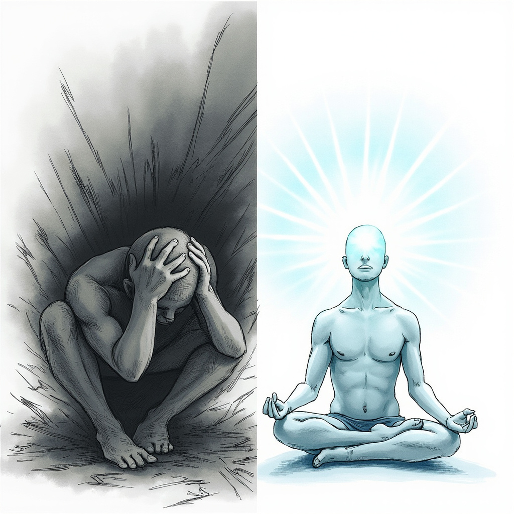Illustration of a stressed person holding their head, transitioning to relaxed yoga pose with glowing balanced head energy aura, soft blue tones