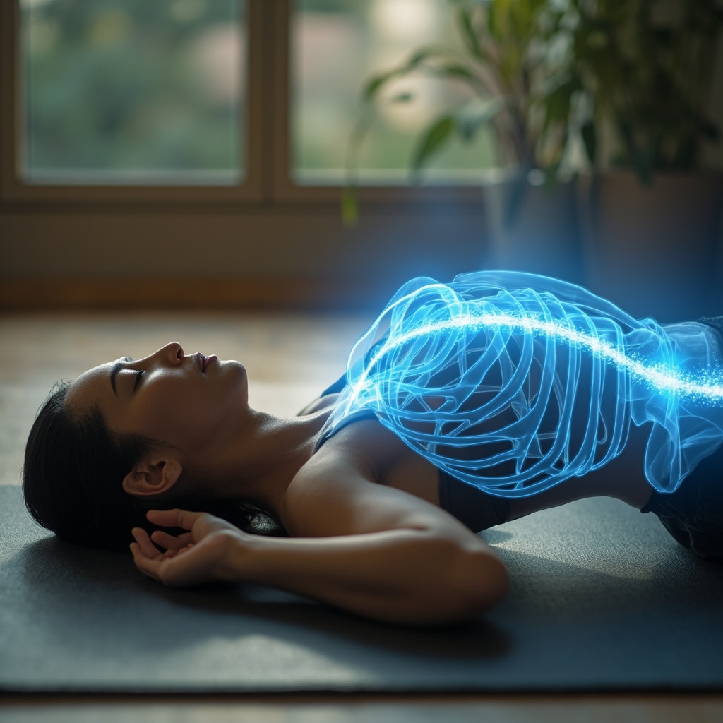 Serene yogi in Sphinx pose opening chest, glowing blue rib cage overlay, soft natural light, anatomical transparency showing expanded ribs and deep breath flow