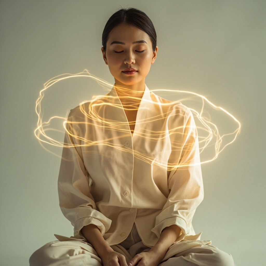 A calm, professional image of a person sitting in a relaxed, upright posture, with a soft, glowing light visualization around the neck and shoulder area, symbolizing energy flow and release.