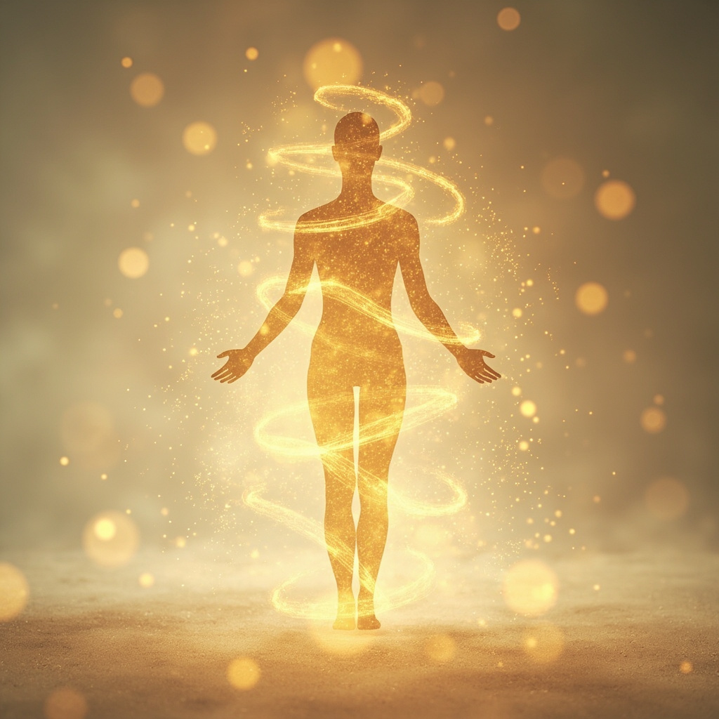 A serene, abstract visualization of flowing golden light particles moving through a human silhouette, representing energy balance and internal harmony, soft focus, professional wellness style.