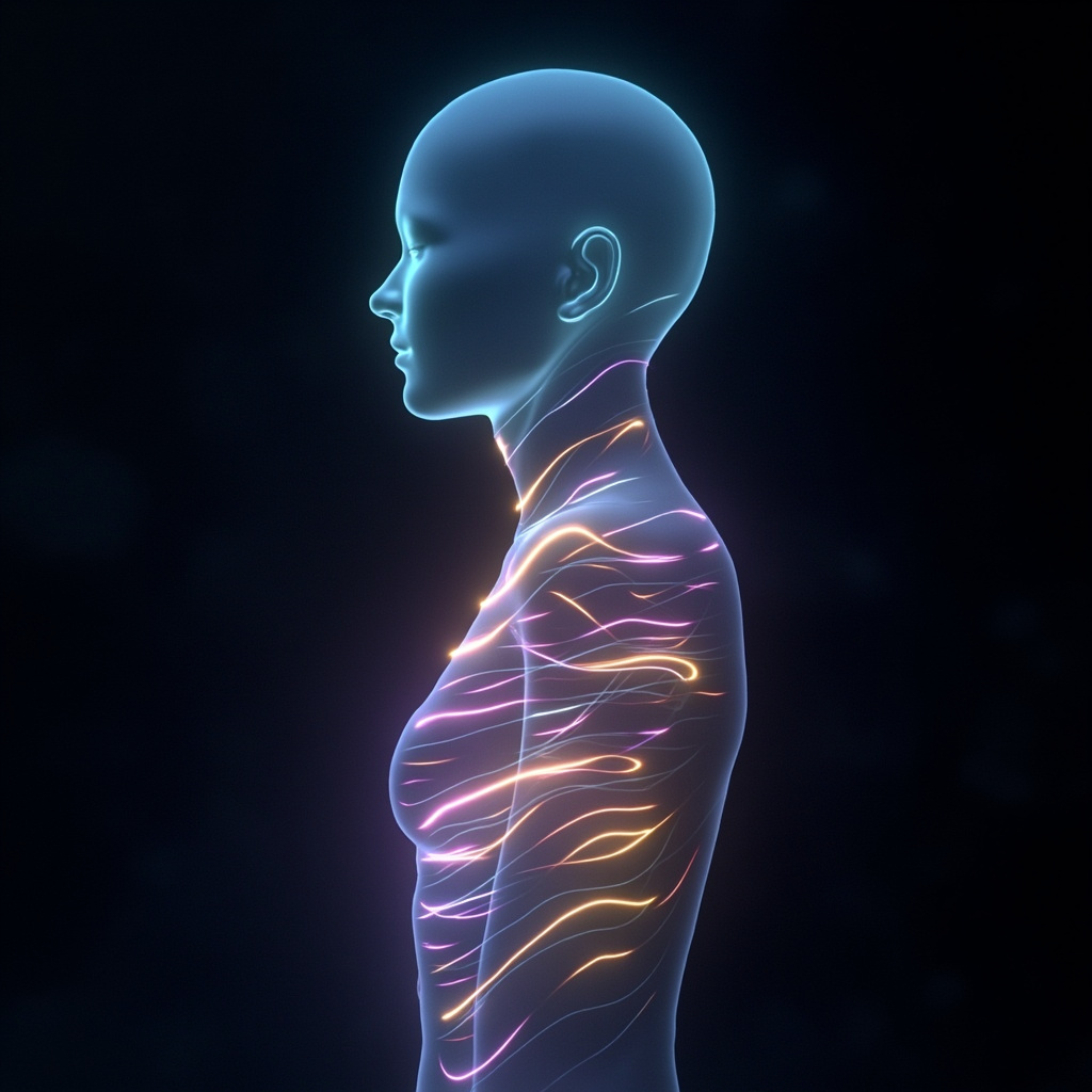 A calm, abstract visualization of glowing, harmonic light waves flowing through a human silhouette, representing nervous system balance and resonance.