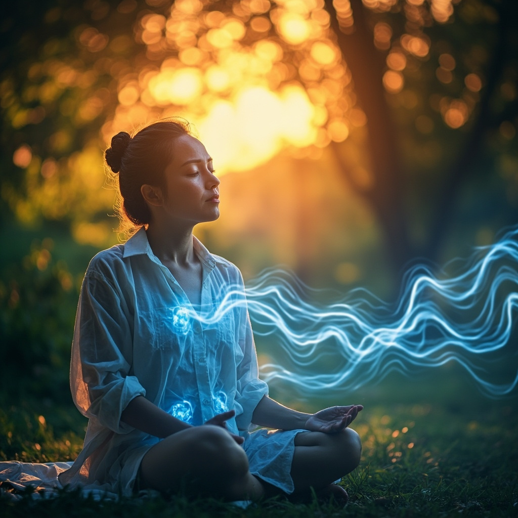 Calm person in shaded garden pressing acupressure points on thigh and abdomen, surrounded by cool blue energy waves cooling a hot summer sun background, serene and healing atmosphere