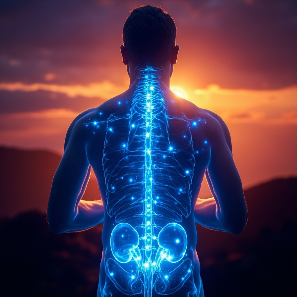 Serene glowing kidneys in lower abdomen with blue energy waves flowing to strong back and vibrant body, TCM acupuncture points highlighted, person standing confidently against sunset, healing vitality theme