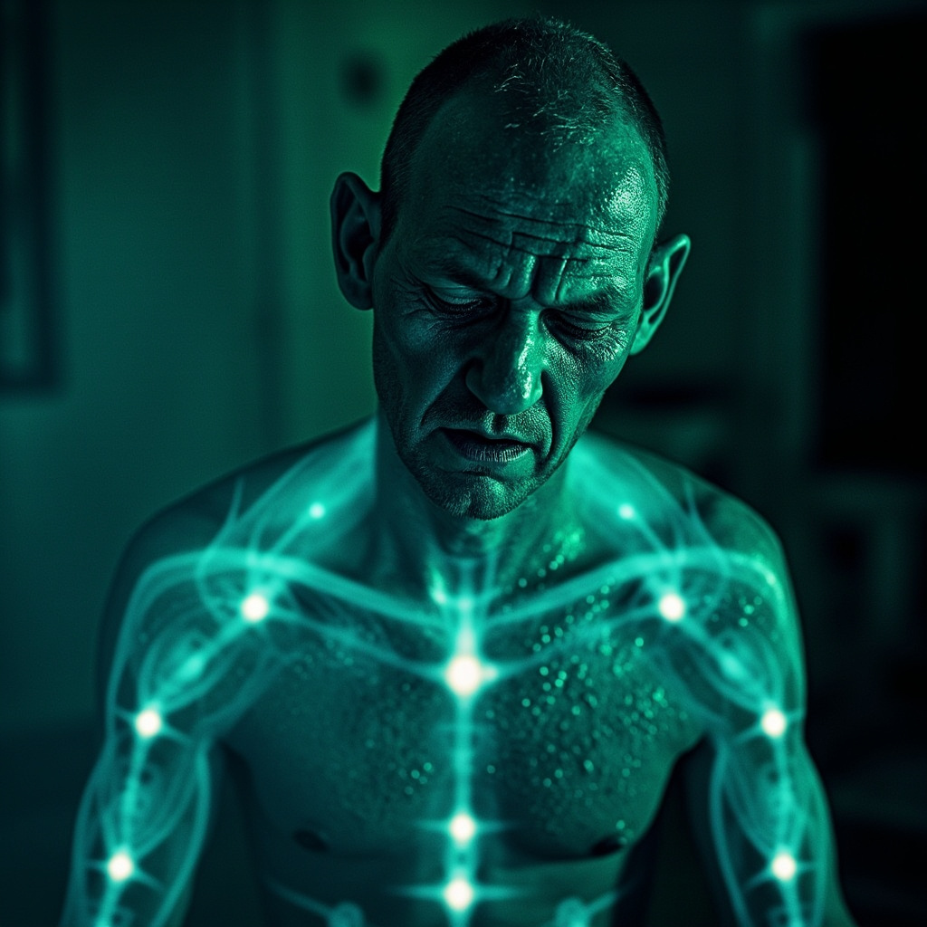 A weary adult in summer heat, profusely sweating with night sweats implied, looking thirsty and fatigued, subtle glowing TCM acupuncture points GB29 LR7 La5 GV19 LR13 on body meridians, soft energy waves, calming blue-green tones.
