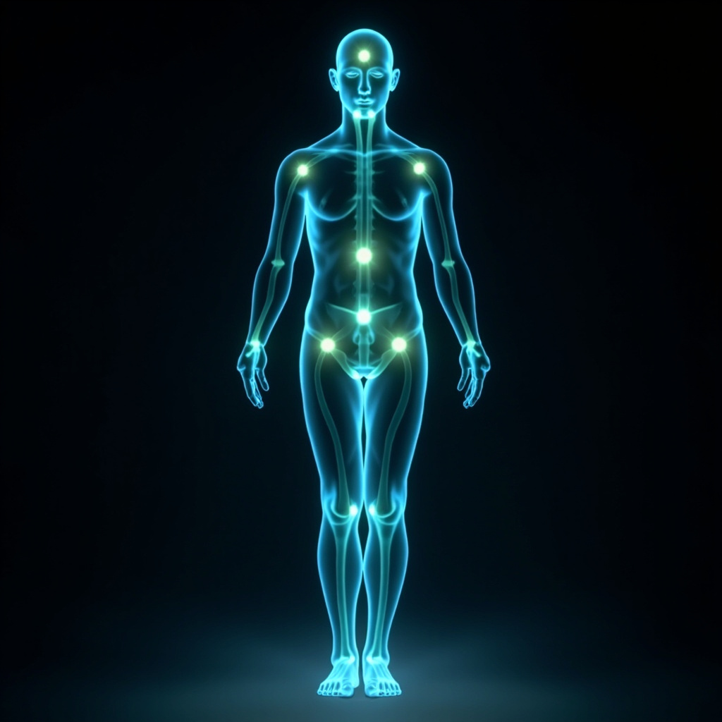 Diagram of human silhouette with glowing acupuncture points ST36 on leg, CV12 on abdomen, SP6 on inner ankle, BL20 and BL13 on back, connected by soft energy waves in blue-green tones, evoking digestion harmony and vitality.