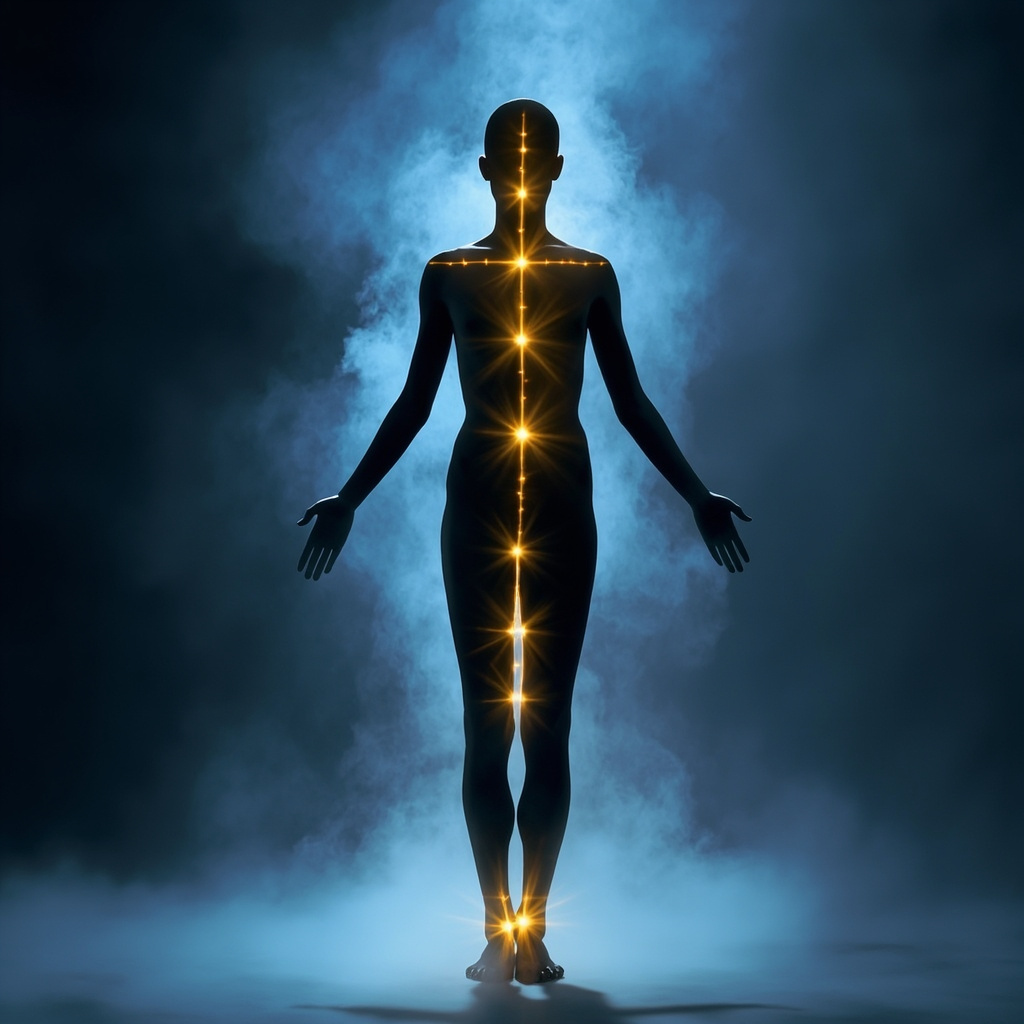 Serene silhouette of a person standing with glowing golden energy lines connecting acupuncture points BL23 on lower back, ST36 on shin below knee, and KI3 on inner ankle, surrounded by soft blue aura symbolizing vitality and inner energy flow, minimalist style.