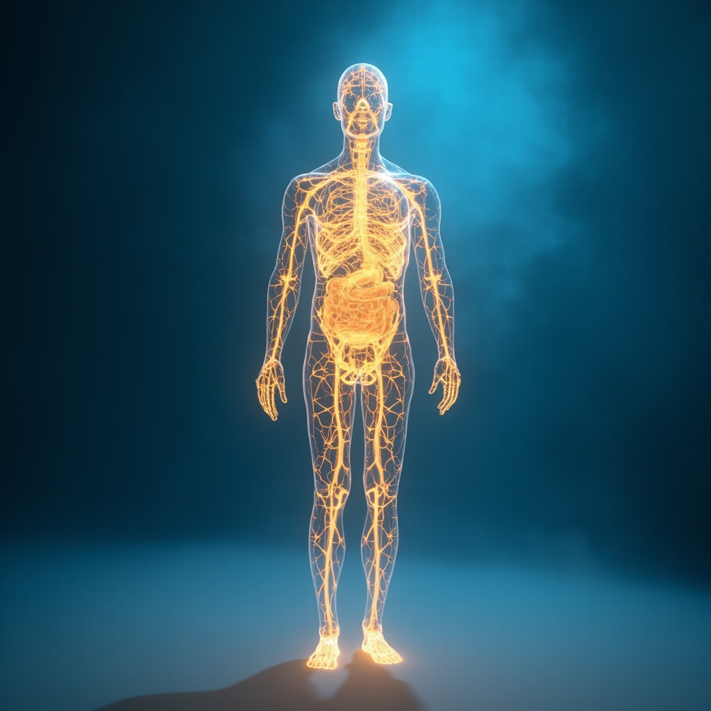 A high-quality, serene image showing a translucent human silhouette with a glowing, golden network of energy lines connecting the brain to the gut, symbolizing biological coherence and electrical communication. Soft blue background.