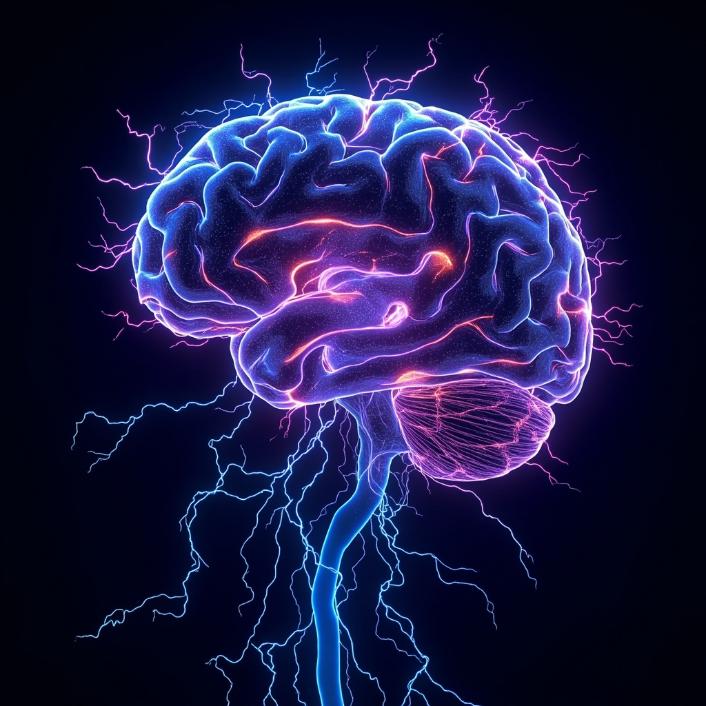 Abstract brain illustration with glowing blue and purple waves in the beta2 frequency range (18-30 Hz), symbolizing intense concentration, mental focus, and vibrant energy flow through neural pathways.