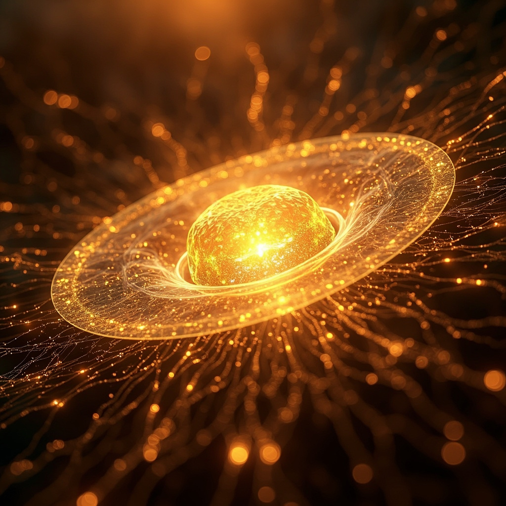A conceptual image showing a glowing, healthy cell nucleus surrounded by golden, harmonious light patterns, set against a backdrop of neural network fibers.