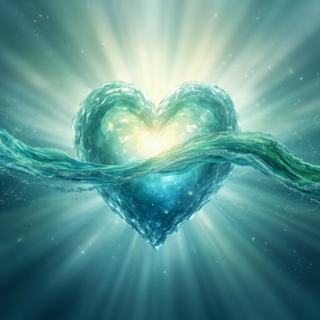 Serene glowing heart with balanced wave patterns of blue slow waves (VLF) and green fast waves (HF) merging into harmonious energy flow, ethereal background