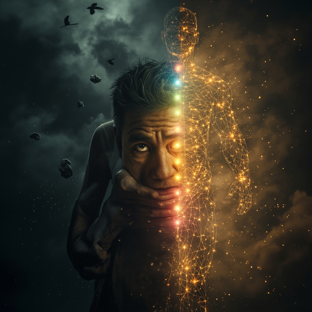 Split image: left, exhausted adult slumped with muscle weakness icons, brain fog clouds, dim energy aura; right, energized person glowing with chakra lights, frequency waves, TCM points highlighted, vibrant posture.