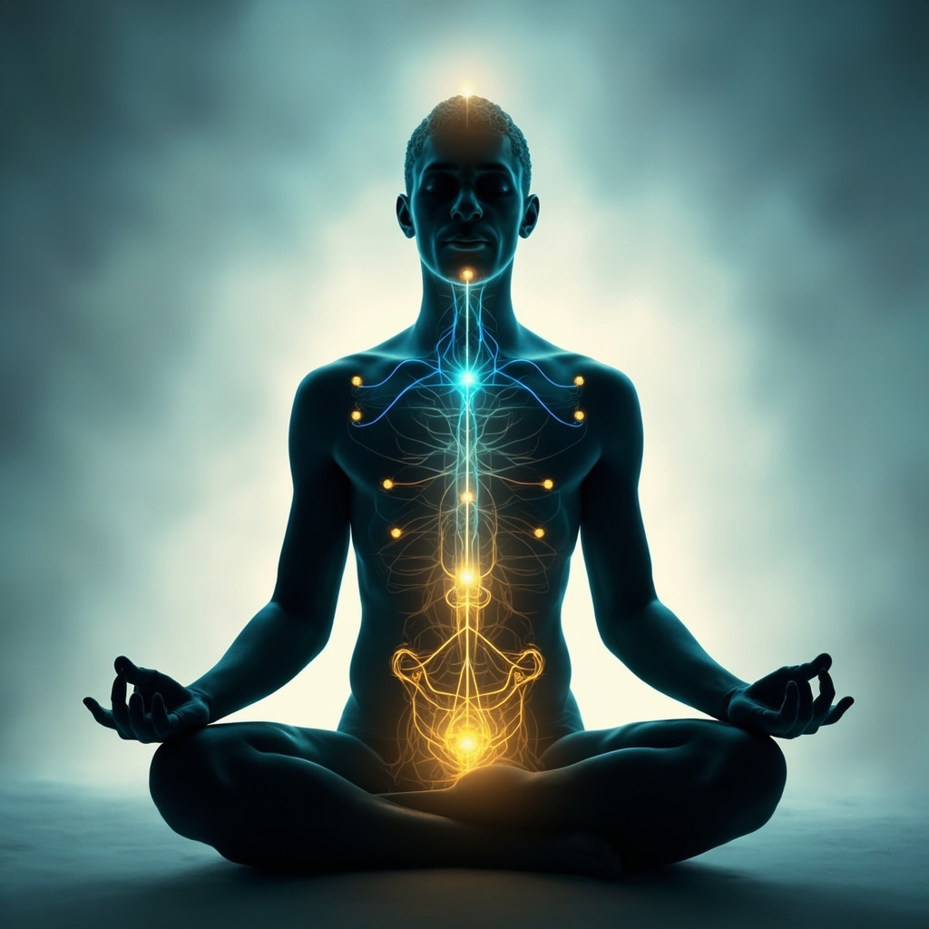 Serene human silhouette in meditative pose, highlighting glowing acupuncture points CV4 on lower abdomen, SP6 on inner calf, KI3 on ankle, with flowing blue and gold energy meridians symbolizing vitality restoration, soft gradient background