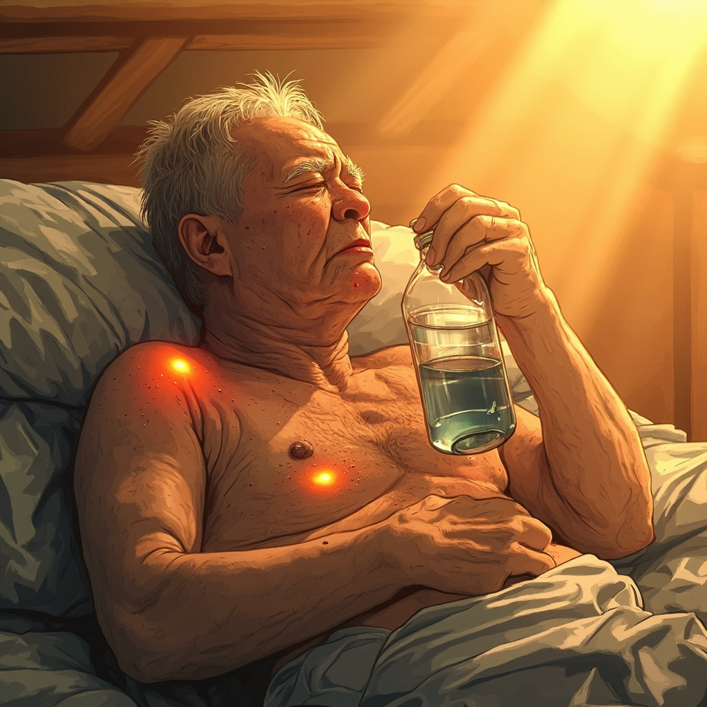 A realistic illustration of a middle-aged person sitting exhausted in hot summer sun, wiping excessive sweat from face, holding a water bottle with thirst, night sweats implied by damp sheets in background, subtle glowing TCM acupuncture points on shoulders, feet, face, chest, and abdomen.