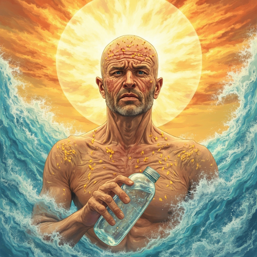 Illustration of a weary adult in summer heat, profusely sweating with a parched expression holding an empty water bottle, subtle glowing acupuncture points on forehead, temples, cheeks, lower abdomen, and large intestine area, background of hot sun and cool energy waves flowing in.