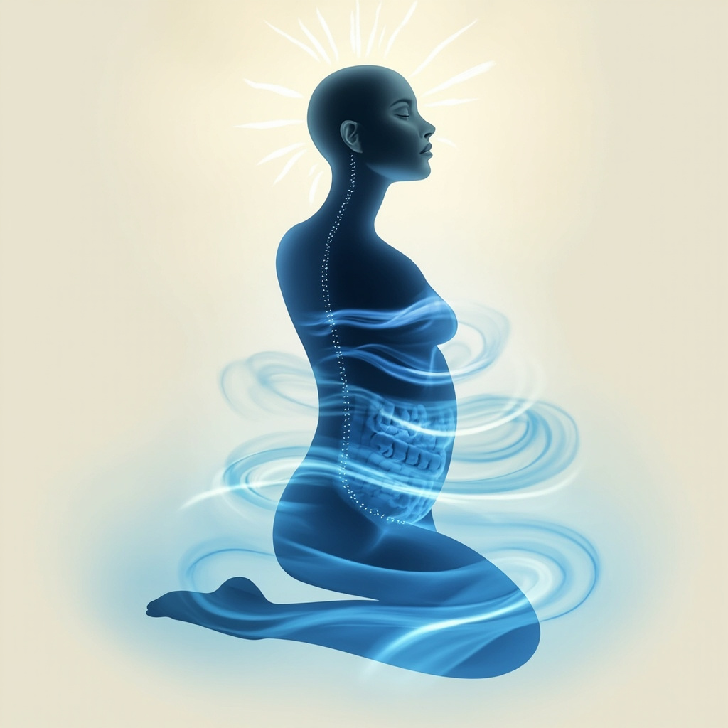 Serene illustration of a human silhouette with glowing acupuncture points LI4 on hand, ST36 on leg, SP6 on ankle, BL12 on back, connected by soft energy lines in blue and gold, nature background with subtle insect motifs, calming and healing vibe.