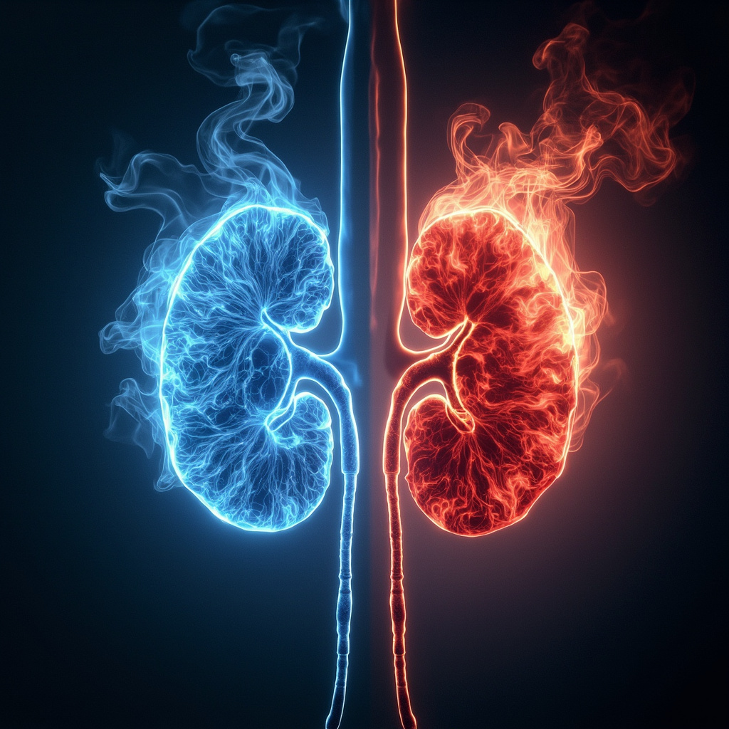 Serene anatomical illustration of human kidneys with glowing blue energy flowing smoothly through the calyx structure; dark red clouds of anger blocking flow on one side, clearing to light on the other.