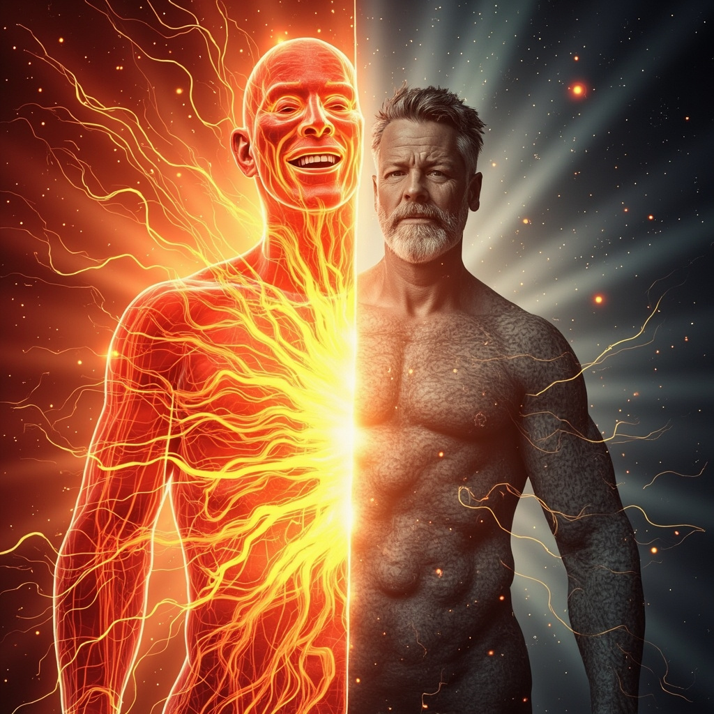Vibrant split-image illustration: left side healthy glowing red arteries pulsing with golden energy flow, joyful active person smiling; right side dull blocked stiff arteries with dark energy, tired sad person slouched. Holistic healing style, soft light rays.