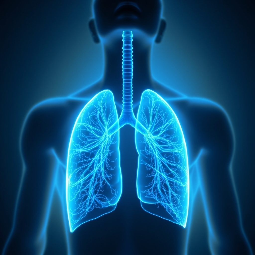 Serene illustration of glowing blue lungs and bronchi with relaxed smooth muscles, energy waves flowing freely through open airways, calm breathing figure in soft light