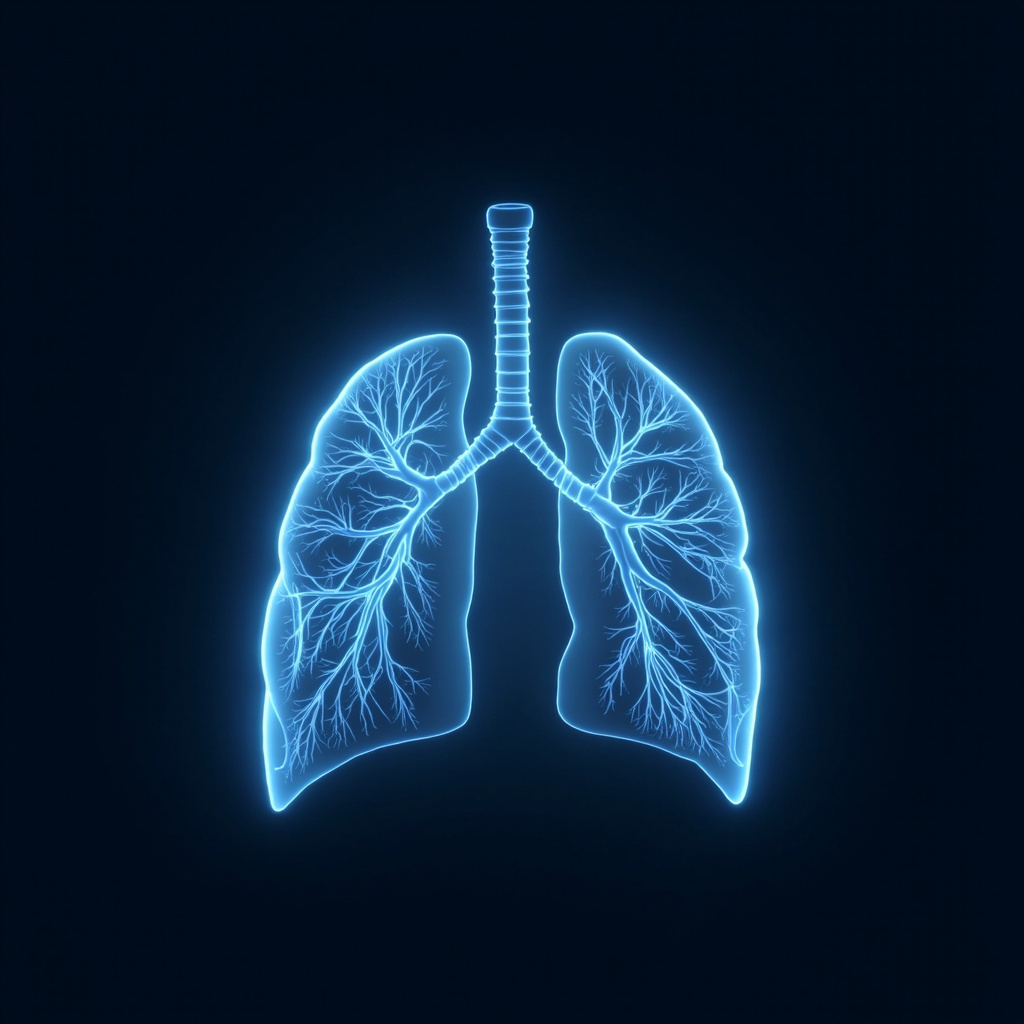 Serene digital illustration of human lungs with bronchioles glowing in soft blue light as pathways of flowing air and energy waves, evoking vitality, breath, and emotional balance, minimalist style.