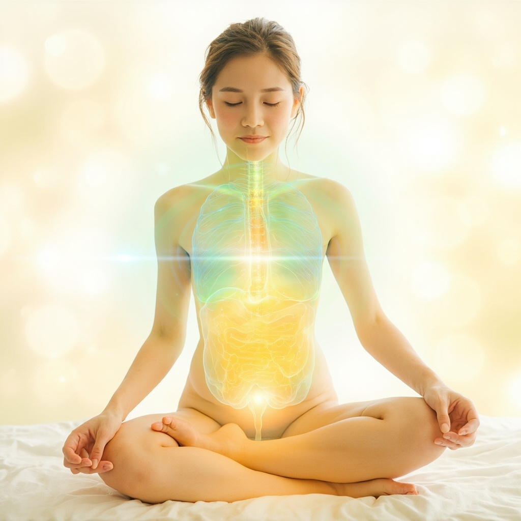 Serene illustration of a person sitting comfortably, hand on relaxed abdomen, glowing soft energy lines connecting TCM points like ST36 on knee, TH21 on jaw, BV2 on belly; waves of blue-green frequencies balancing gut, face showing relief from fatigue and bloating, healing light background.