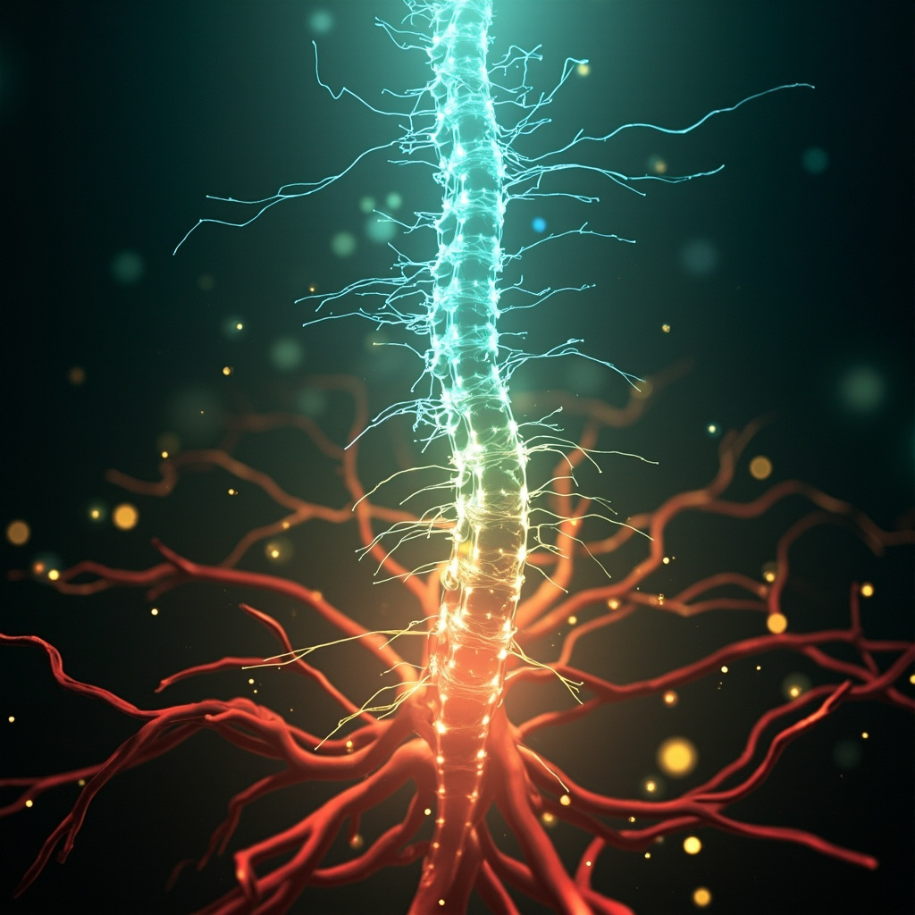 Serene digital illustration of the human spinal cord with glowing blue vasomotor nerves extending to red blood vessels, showing balanced constriction and dilation waves, surrounded by soft energy auras in gold and green, evoking vitality and calm.