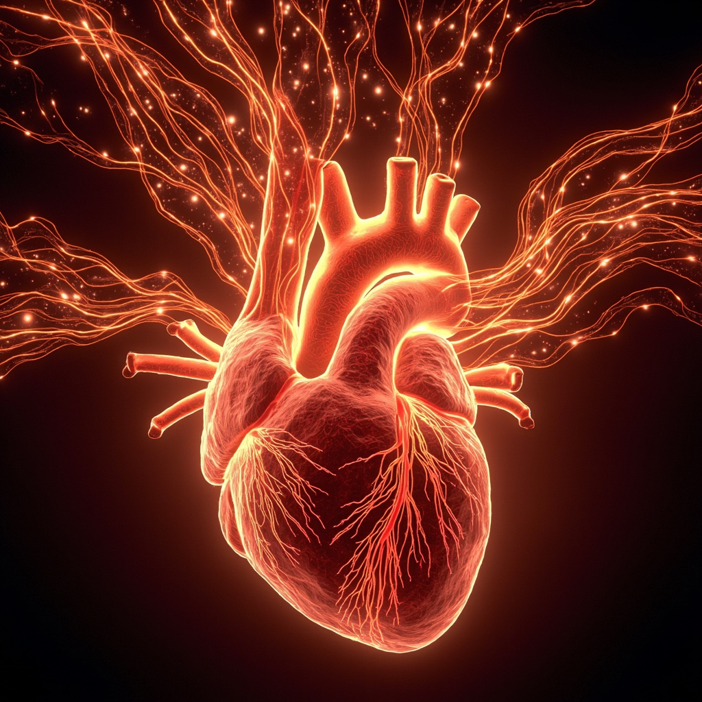 Vibrant anatomical illustration of human arteries branching dynamically from the heart like glowing rivers of red and gold energy, symbolizing smooth blood flow, joy, and vitality, with subtle aura around vital organs.
