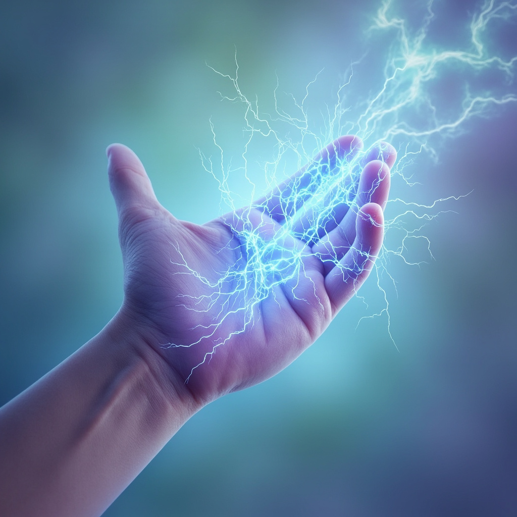 Illustration of subtle blue electrical waves emanating from human skin on a wrist, forming erratic jagged patterns for mood swings that gradually smooth into harmonious flowing waves, with a serene energy healing aura in soft greens and purples
