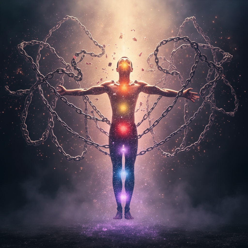 Illustration of a person breaking free from swirling thought chains with glowing sound waves and balanced energy chakras emanating peace and clarity.