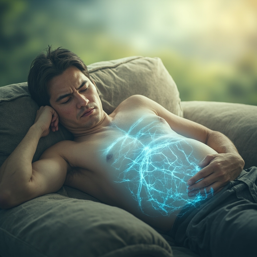 Soft illustration of a person with hand on bloated stomach, feeling fatigued on a couch, subtle glowing meridians disrupted in abdomen, chest, shoulders, and face; healing blue frequencies flowing to restore balance, serene natural background.