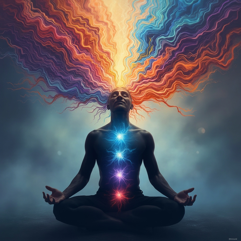 Illustration of a human silhouette with swirling colorful emotion waves around the head and heart, calming blue energy frequencies balancing them, soft glowing chakras aligned, serene background.