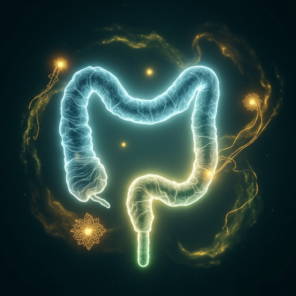 Serene illustration of the duodenum in the digestive system, glowing with soft blue energy waves and healing frequencies, surrounded by calming abstract nutrient flows and balanced chakra symbols.