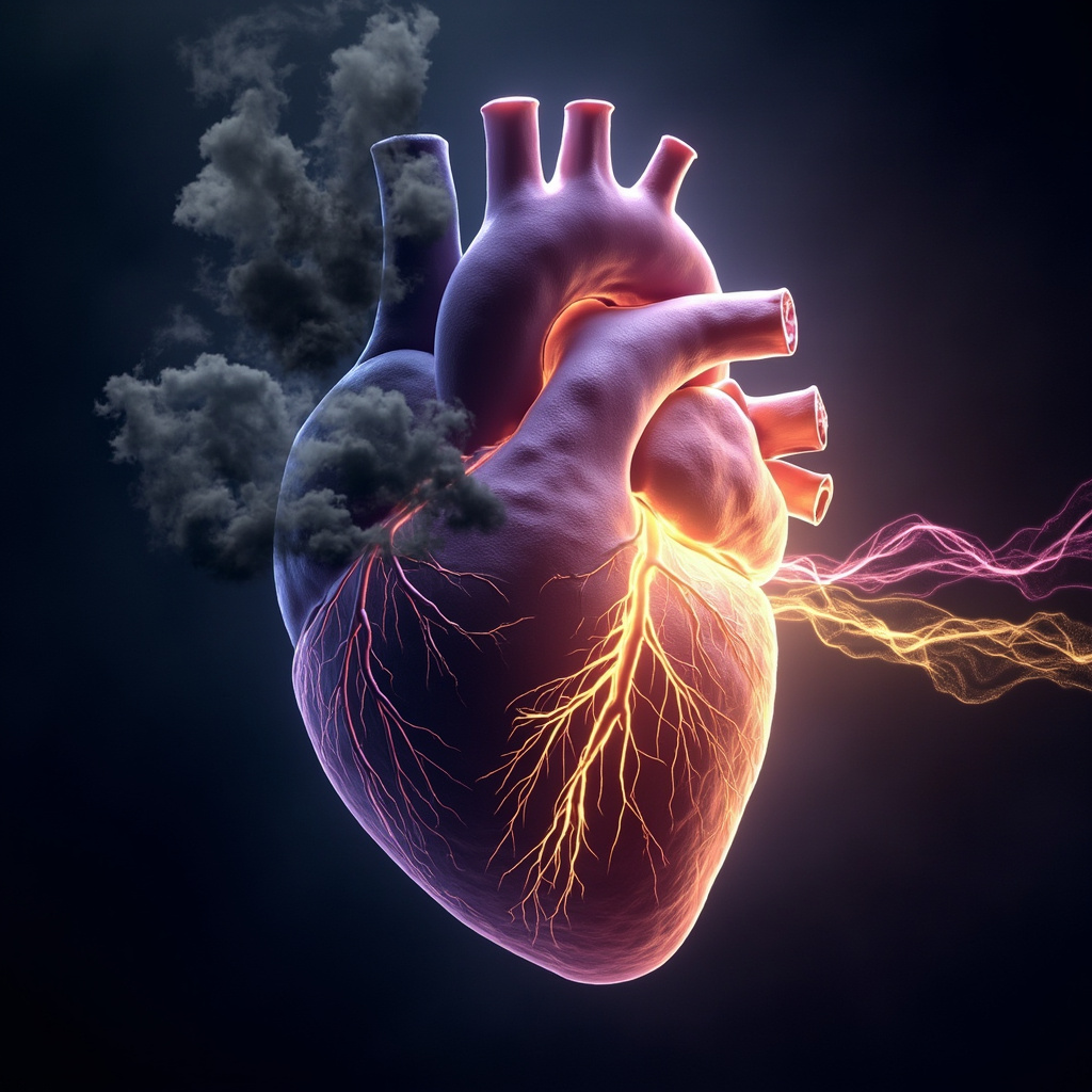 Digital illustration of a human heart with glowing coronary arteries: one side blocked by dark stress clouds causing fatigue icons, the other cleared by light frequency waves restoring joy and energy flow.