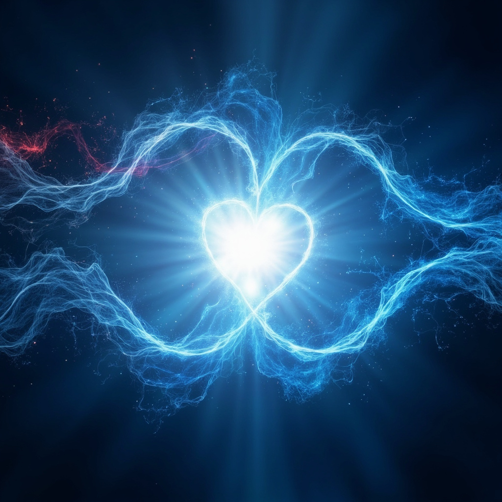 Serene glowing heart center with balanced blue energy waves flexibly adapting to incoming red stress arrows on left side harmonious, right side chaotic rigid waves blocked, ethereal chakra style illustration